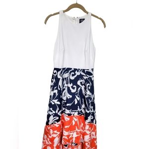 Vince Camuto high low Cream/Orange/Navy sleeveless size 6 dress.